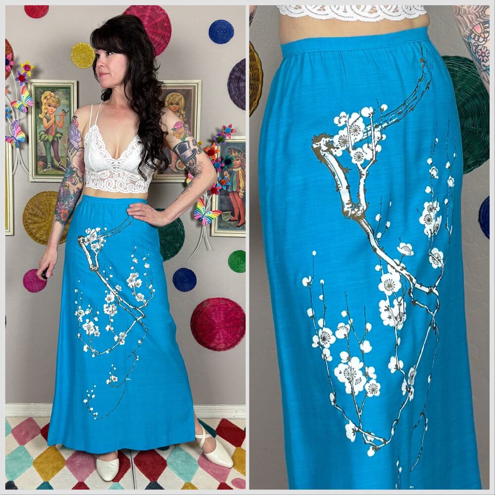 Vintage 1970s Blue High Waist Cherry Blossom Print Maxi Skirt